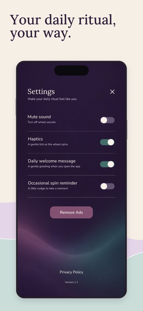 Settings for sound, haptics, the daily welcome and spin reminders