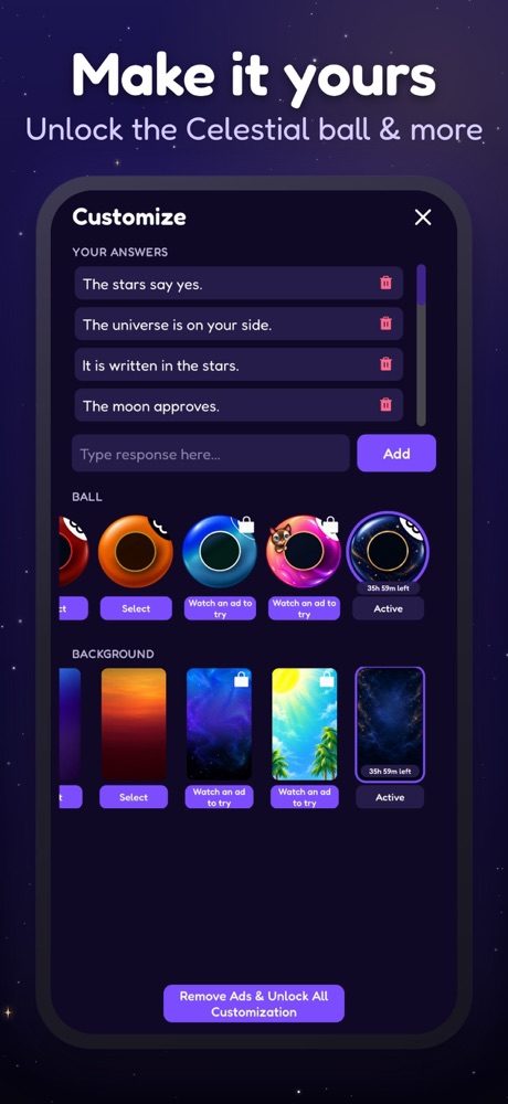 Customizing answers, ball and background in Mystic 8 Ball