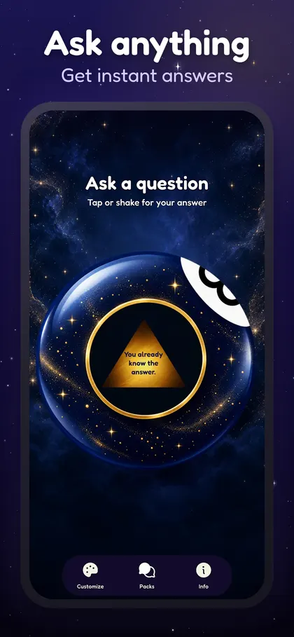 Mystic 8 Ball app with the Celestial ball answering “You already know the answer.”