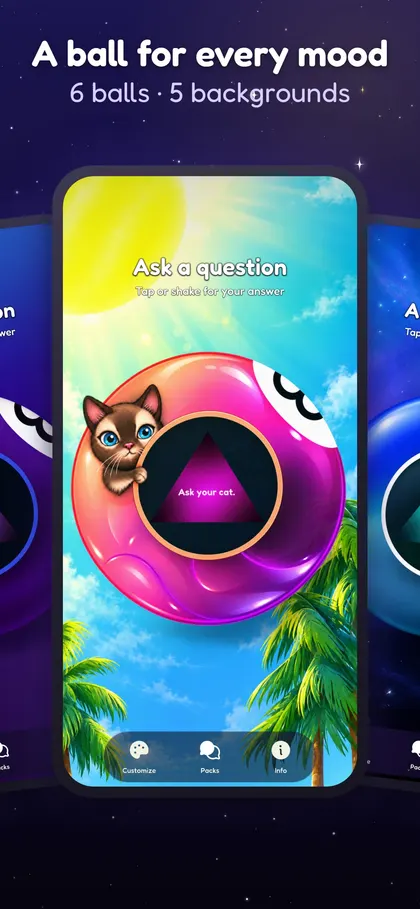 The pink Kitty ball on the beach background, answering “Ask your cat.”